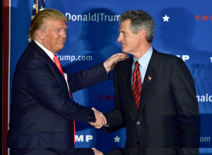 (Milford, NH, 02/02/16) Republican candidate for president Donald Trump, left, receives an endorsement from former U.S. Sen. Scott Brown during a rally in Milford, NH, on Tuesday, February 02, 2016. Staff photo by Christopher Evans